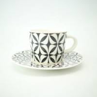 Small ceramic white & black modern design coffee cup with saucer