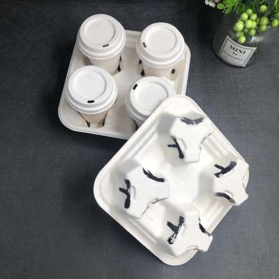 Hot coffee set biodegradable raw material bamboo pulp disposable bagasse cup lid carry tray