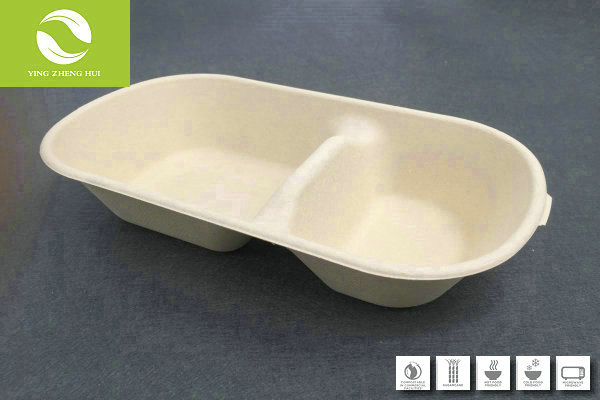 800ml 2-compartment Container, biodegradable, bagasse, eco-friendly tableware 100%BPI