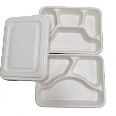 Lunch Tray- Biodegradable Compost Bagasse Sugarcane Fast Food Paper Trays to go Lunch Tray with Lid